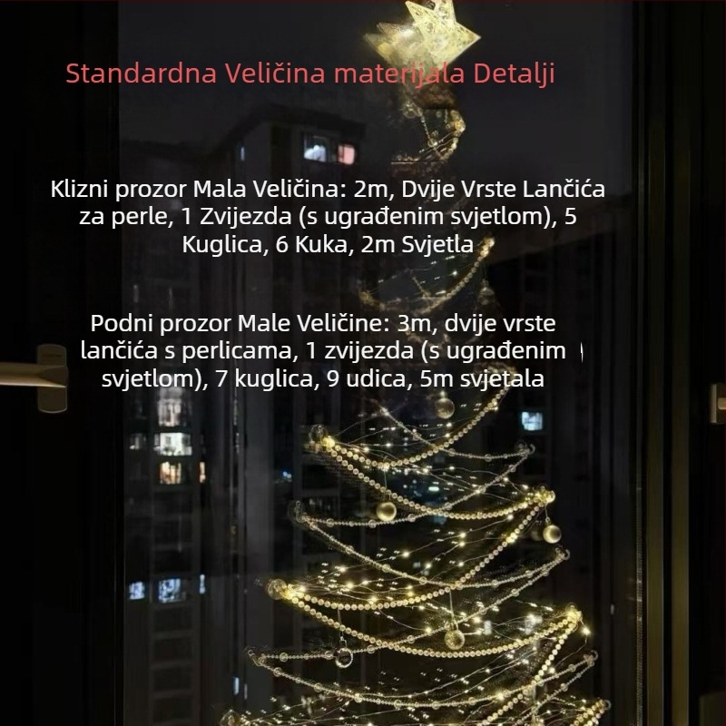 Božićna dekoracija dnevnog boravka s prozorom od poda do stropa — DIY viseći ukras za bor i scenografiju atmosfere