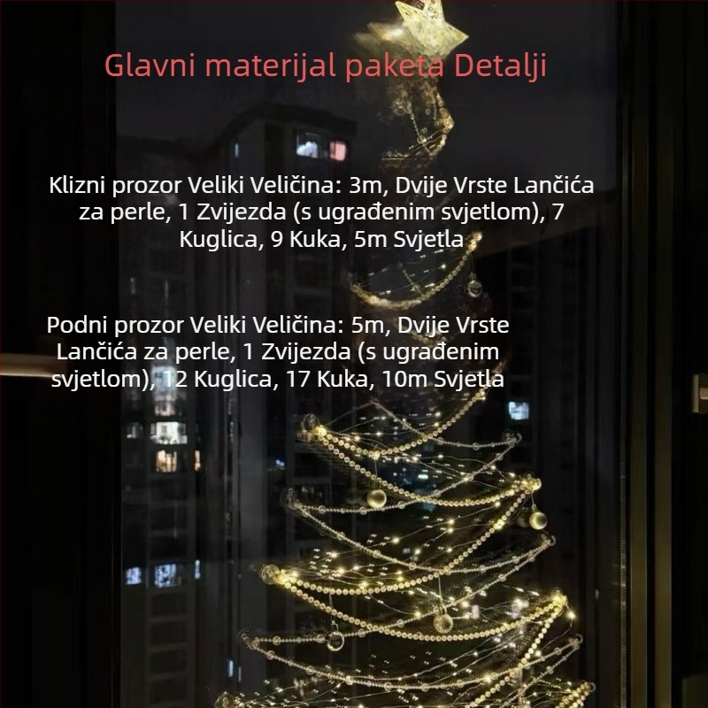 Božićna dekoracija dnevnog boravka s prozorom od poda do stropa — DIY viseći ukras za bor i scenografiju atmosfere