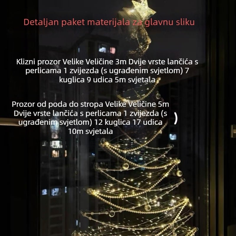 Božićna dekoracija dnevnog boravka s prozorom od poda do stropa — DIY viseći ukras za bor i scenografiju atmosfere