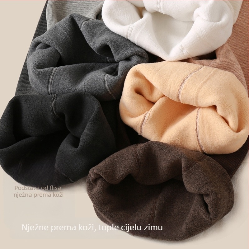 Ženske tajice s fleece podstavom za jesen-zimu, boja ovsená, s vertikalnim prugama i ribanim uzorkom
