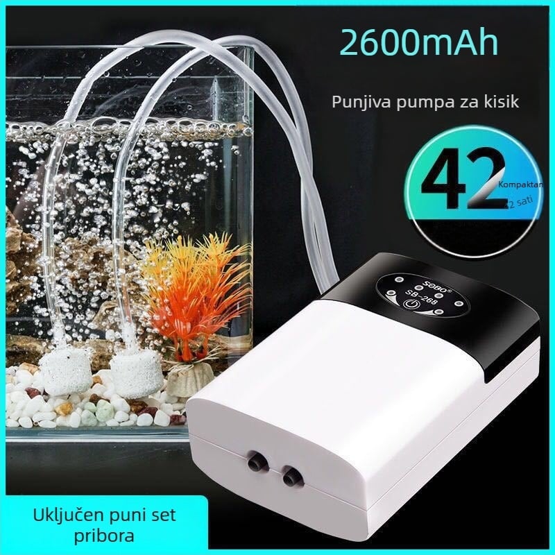 Pumpa za oksigenaciju za ribice s litijskom baterijom, USB/AC-DC napajanje, kompaktna, prenosna i tiha