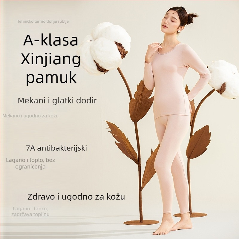 Ženski jesenski termalni komplet od 95% pamuka, 7A antibakterijski, pulover s okruglim izrezom i termalne hlače