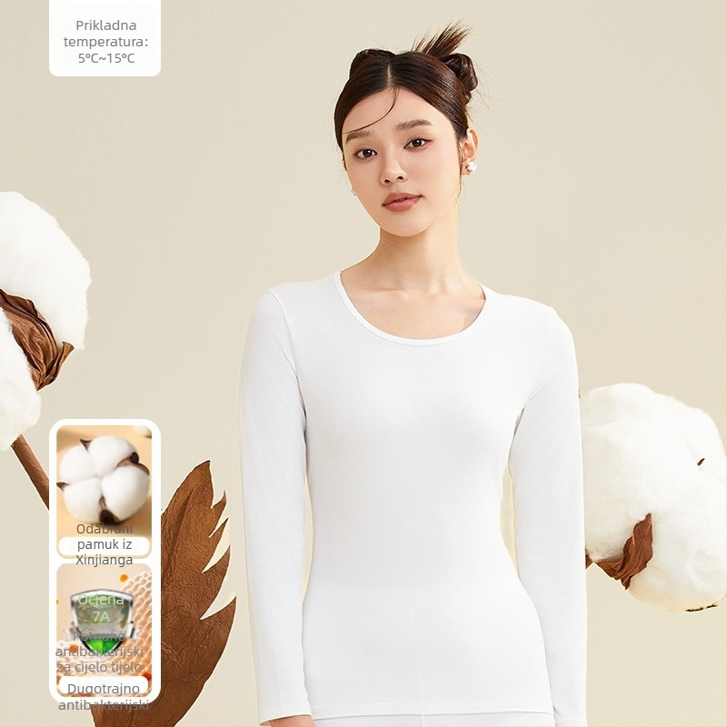 Ženski jesenski termalni komplet od 95% pamuka, 7A antibakterijski, pulover s okruglim izrezom i termalne hlače
