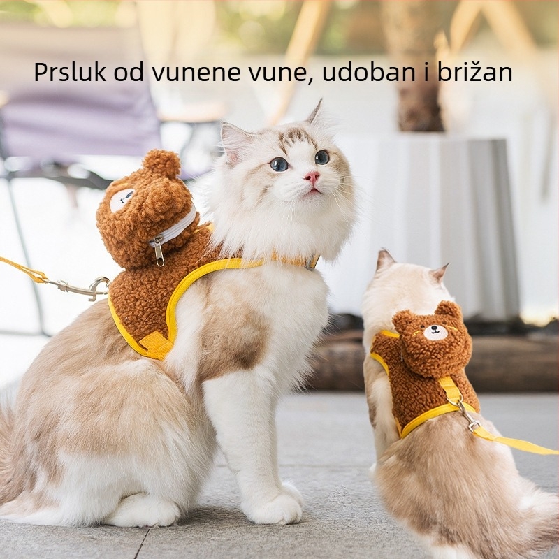 Mačji prsluk u stilu veste s crtan dizajnom, tkanina od vunenih kapsula i prozračna mreža, jesensko-zimski povodac