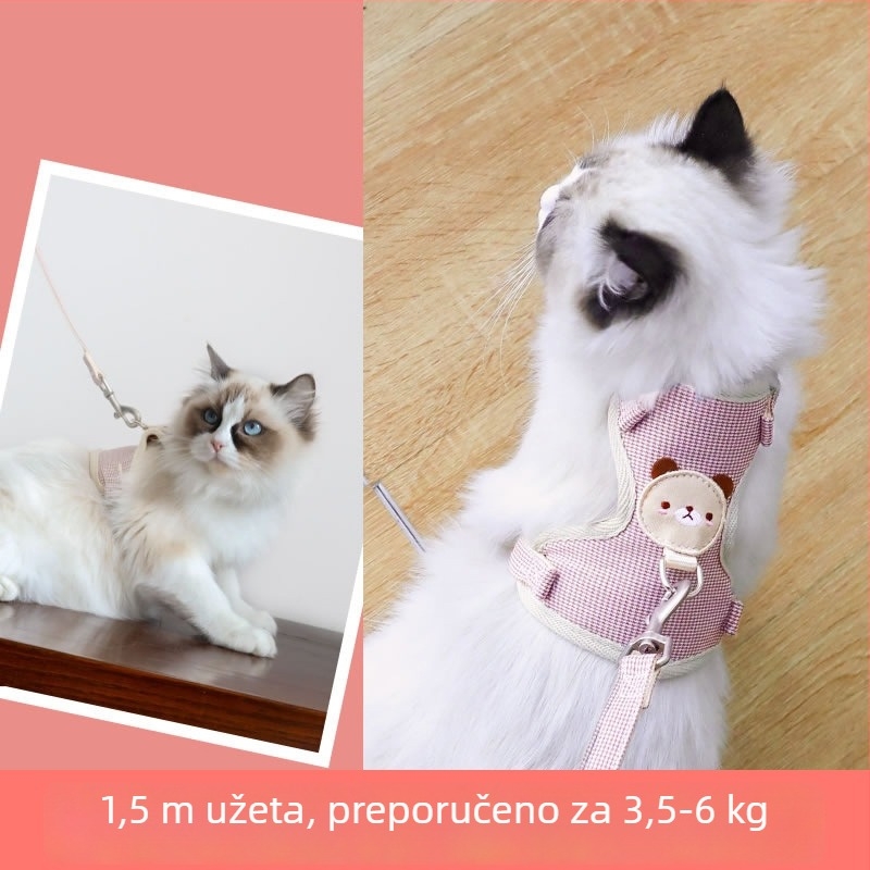 Mačji postroj s vodilicom, vestni dizajn, podesivi prsni kaiš