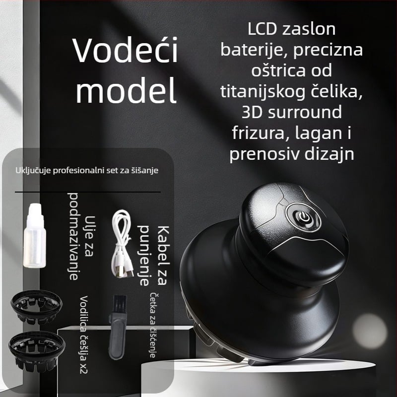 Muški električni uređaj za kosu za kućnu upotrebu, punjivi, potpuno perivo tijelo, oštrice od nehrđajućeg čelika, motor s četkama, ugrađena baterija 1200–2000 mAh, UFO stil frizure