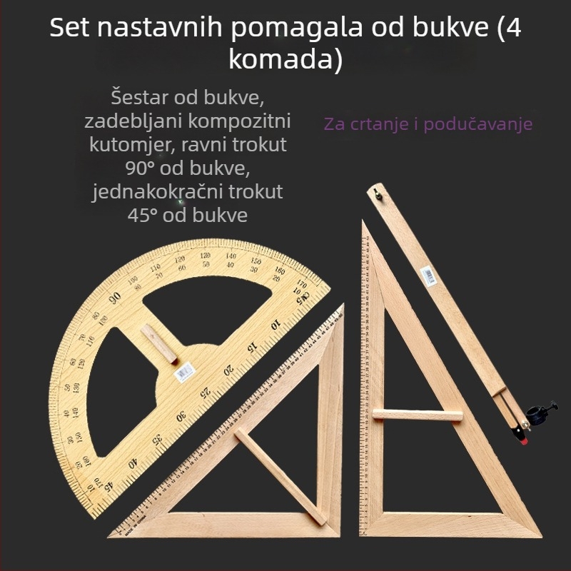 Drveni edukativni set: veliko trokutasto pravilo, kutomjer i kružilo