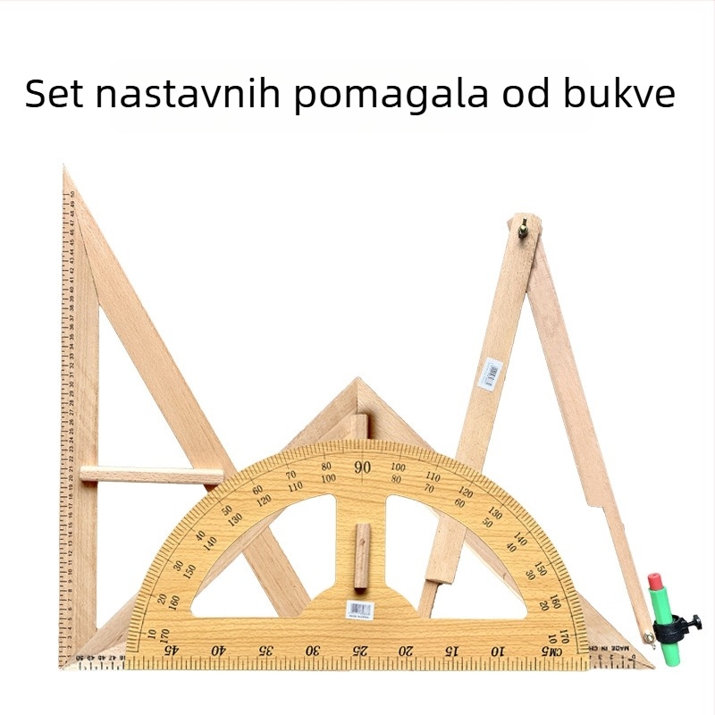 Drveni edukativni set: veliko trokutasto pravilo, kutomjer i kružilo