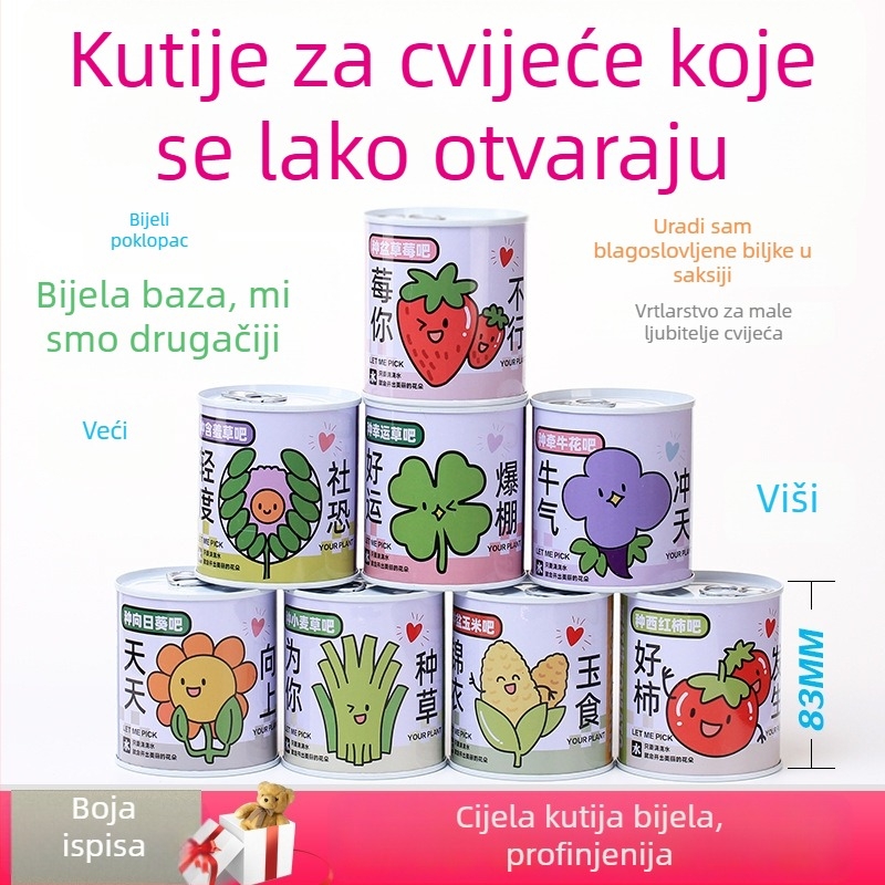 Desktop set mini biljaka u metalnoj kutiji sa sjemenkama suncokreta, jagodama, rajčicama i djetelinom — lako za uzgoj, mala njega; savršen poklon za učenike.