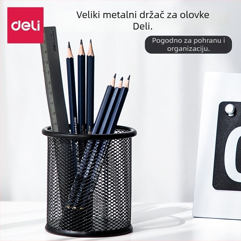 Deli 9172 Crni okrugli metalni držač za olovke s mrežastim dizajnom