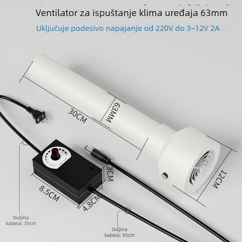 Ventilator za odvod zraka iz klimatizacije s otvorima 75/63/50, mala soba, tih kućni ventilator za ventilaciju