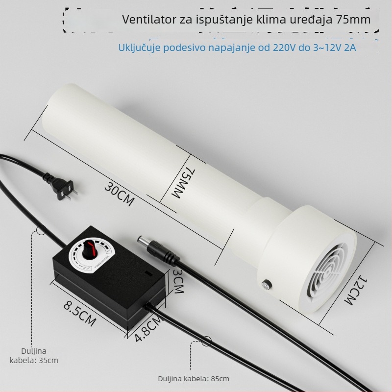 Ventilator za odvod zraka iz klimatizacije s otvorima 75/63/50, mala soba, tih kućni ventilator za ventilaciju