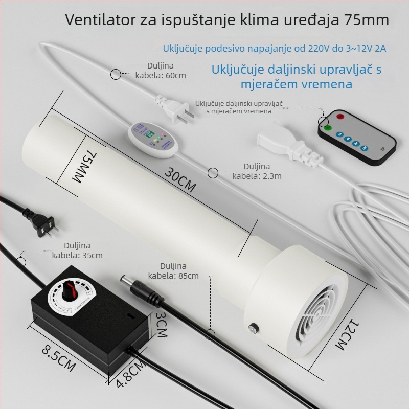 Ventilator za odvod zraka iz klimatizacije s otvorima 75/63/50, mala soba, tih kućni ventilator za ventilaciju