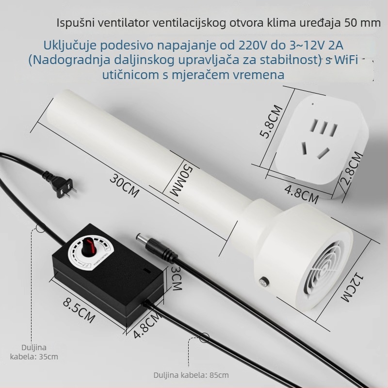 Ventilator za odvod zraka iz klimatizacije s otvorima 75/63/50, mala soba, tih kućni ventilator za ventilaciju
