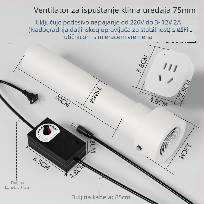 Ventilator za odvod zraka iz klimatizacije s otvorima 75/63/50, mala soba, tih kućni ventilator za ventilaciju