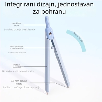 Deli metalni kompas u obliku pera, s tipkom za oslobađanje vrha, profesionalni alat za crtanje, rezervni vrhovi za geometriju i matematiku