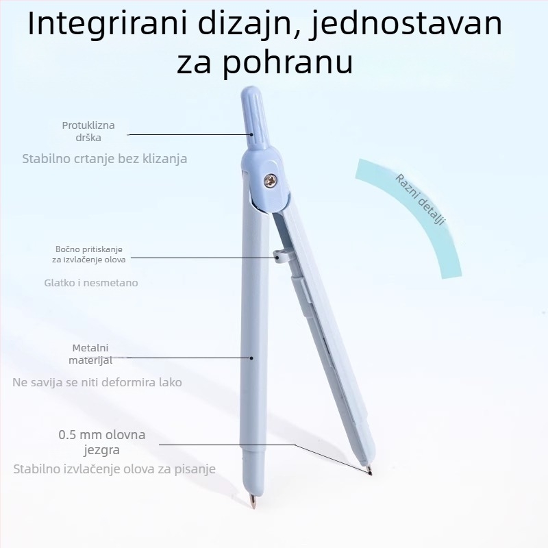 Deli metalni kompas u obliku pera, s tipkom za oslobađanje vrha, profesionalni alat za crtanje, rezervni vrhovi za geometriju i matematiku