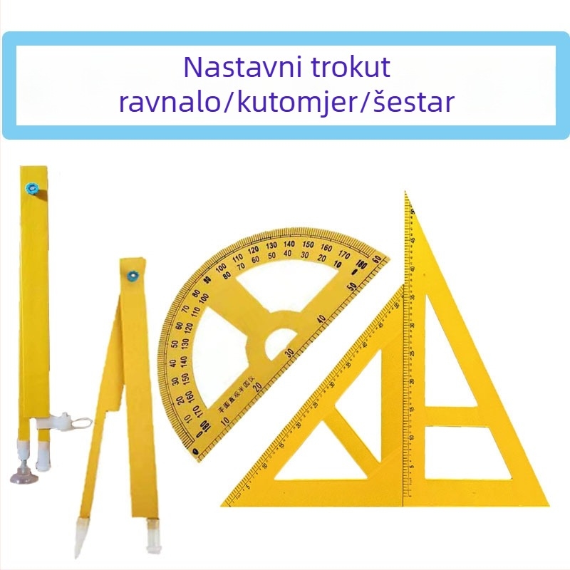 Geometrijski nastavni set: trokutasto ravnalo, šestar, kutomjer, višenamjenski šestar s klipom za marker ploče