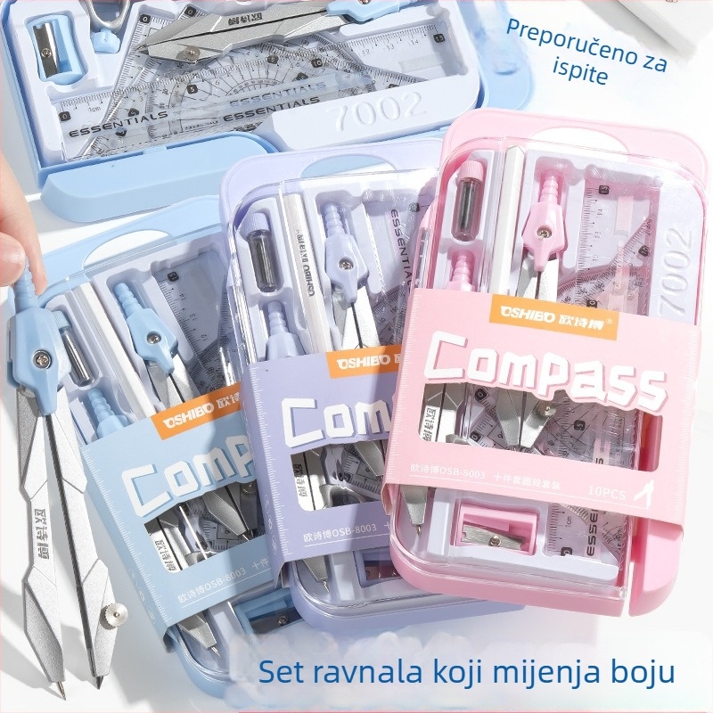 Set kompasa i ravnila za učenike, alati za crtanje, 9 dijelova od aluminijske legure