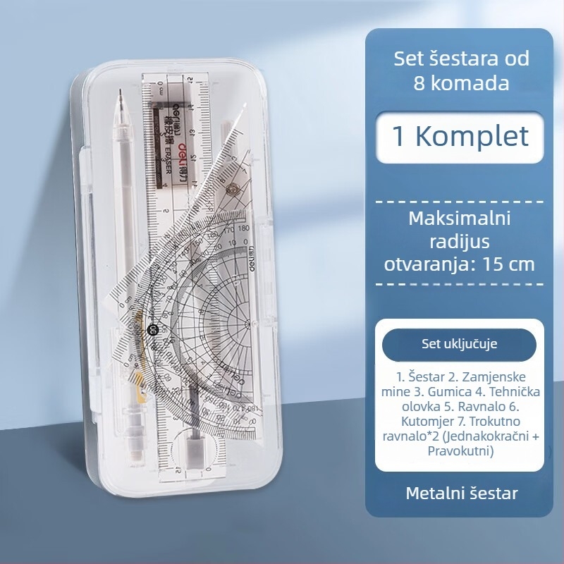 Deli VC211 Metalni set kompasa – 8 dijelova (kompas, Ravnalo, trokutić, kutomjer)
