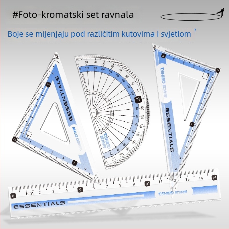 Set kompas i ravnalo za učenike, plastični, 9-dijelni set, uključuje kompas, ravnalo i trokut za crtanje