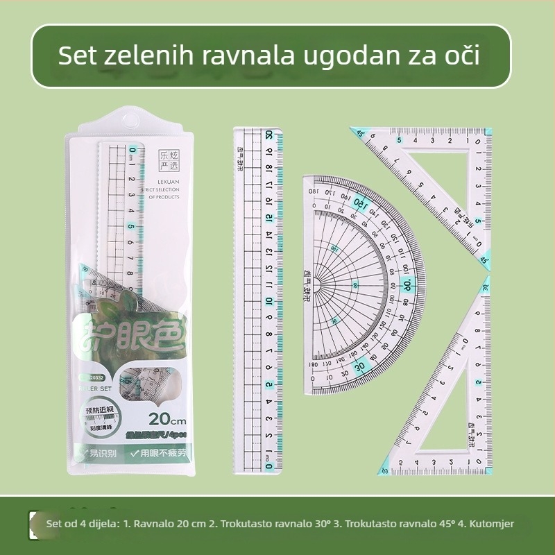 20 cm set od 4 ravnala u futri s kopčom – uključuje straight ruler, set square i protractor