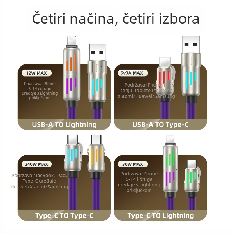 240W RGB dišuće svjetlo, 4-u-1 kabel za brzo punjenje i prijenos podataka za iPhone, Android i Type-C uređaje