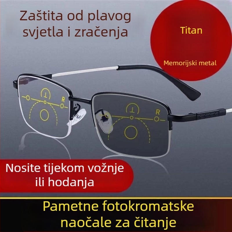 Progresivne multifokalne naočale za čitanje s anti-plavim svjetlom, memorijski metalni okvir, poluokvir