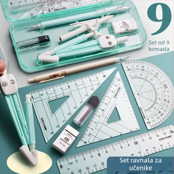 4-dijelni set kompasa i ravnala, svijetloplave boje, s trokutom, za učenike, višefunkcionalni crtajući set