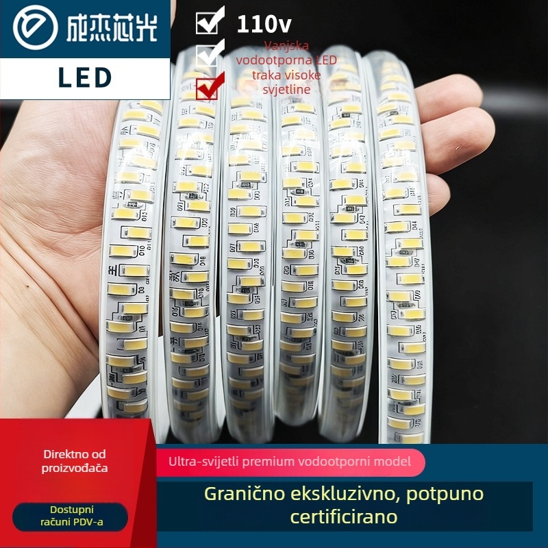 Jednobojna LED traka 110V, za vanjsku upotrebu, IP65 vodootporna, 18W, 5730 LED, 180 LED/m, 120° snop, CRI 80, nedimljajuća, za vanjsku reklamu