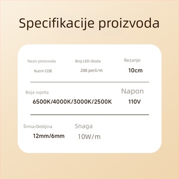 Vanjska vodootporna LED traka 110V, samoljepljiva COB meka linearna traka, 288 LED-ova, CRI ≥98, bijela / topla bijela / topla žuta