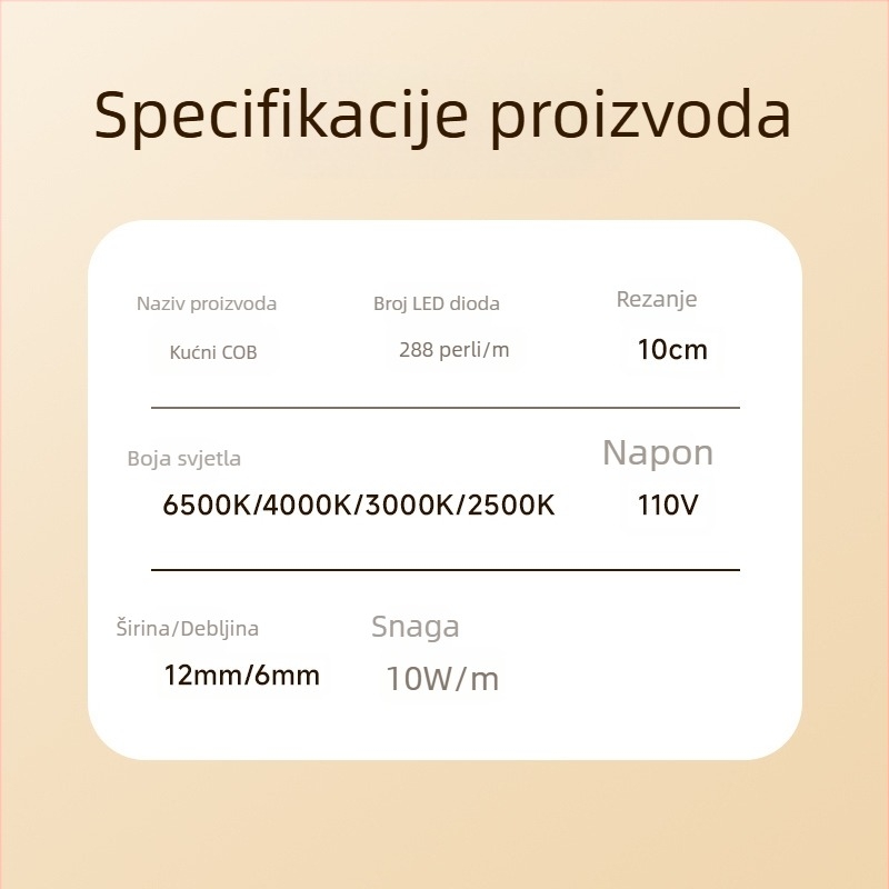 Vanjska vodootporna LED traka 110V, samoljepljiva COB meka linearna traka, 288 LED-ova, CRI ≥98, bijela / topla bijela / topla žuta