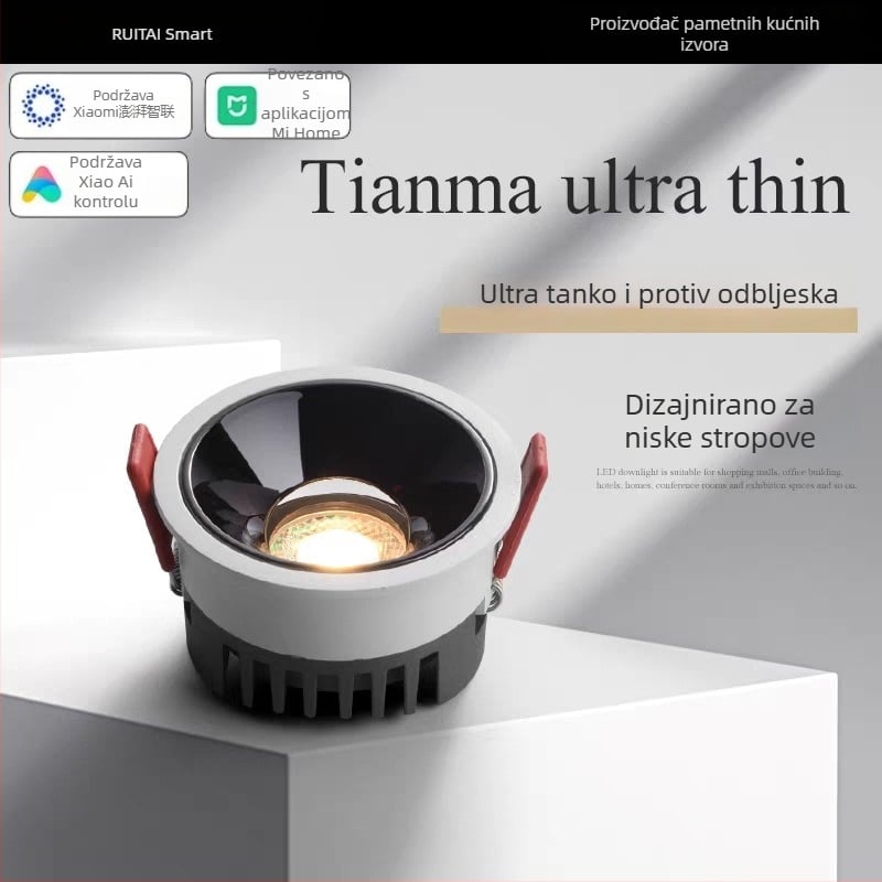 Izuzetno tanak ugrađeni LED downlight s anti‑refleksijom, inteligentno podešavanje jačine svjetla i boje, COB, uski okvir, otvor promjera 75 mm