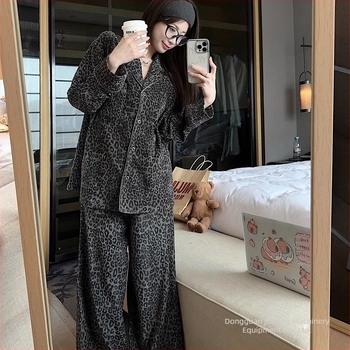 Ženske pidžame s leopard uzorkom, dugi rukavi, proljeće-jesen 2025, vintage stil, udobna kućna odjeća, dvodijelni set