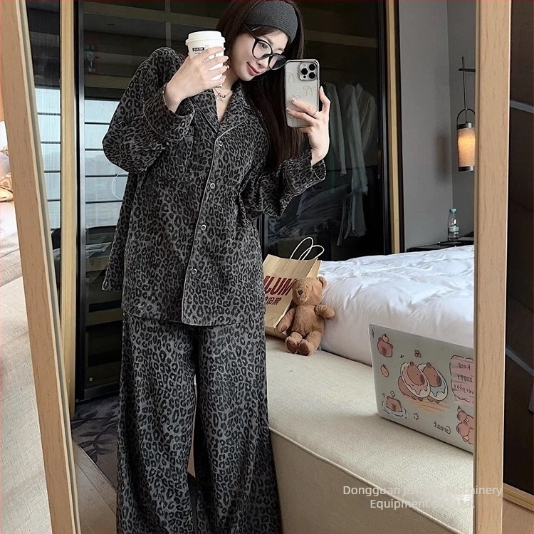 Ženske pidžame s leopard uzorkom, dugi rukavi, proljeće-jesen 2025, vintage stil, udobna kućna odjeća, dvodijelni set