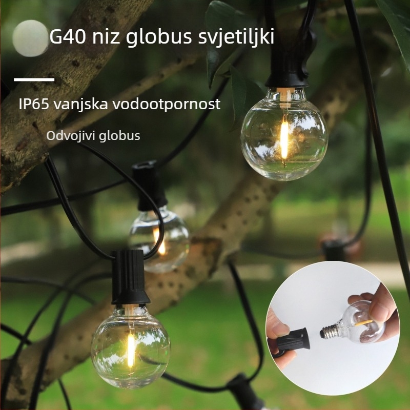 G40 LED solarni niz svjetla za vanjsku upotrebu – dvorište i vrt, retro kuglične žarulice