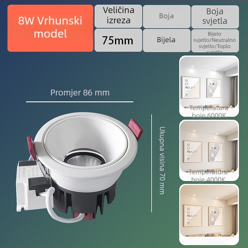 LED zidni wash spot, ugrađen u strop, uski okvir, anti-glare, bez glavne svjetlosti, za domove i hotelske sobe