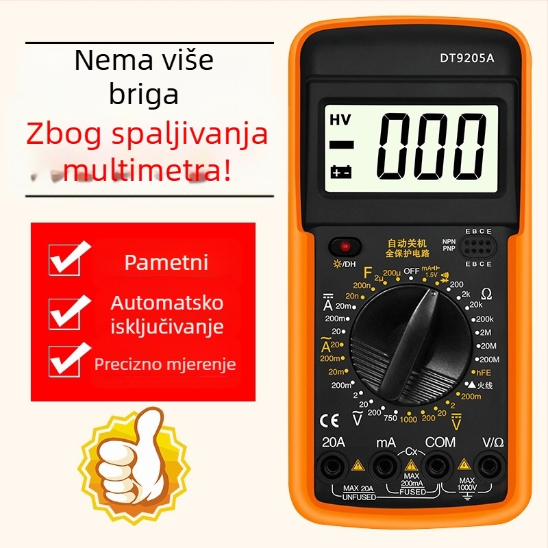 DT9205A džepni digitalni multimetar s prikazom – mjerenje struje i napona, višenamjenski univerzalni mjerni uređaj