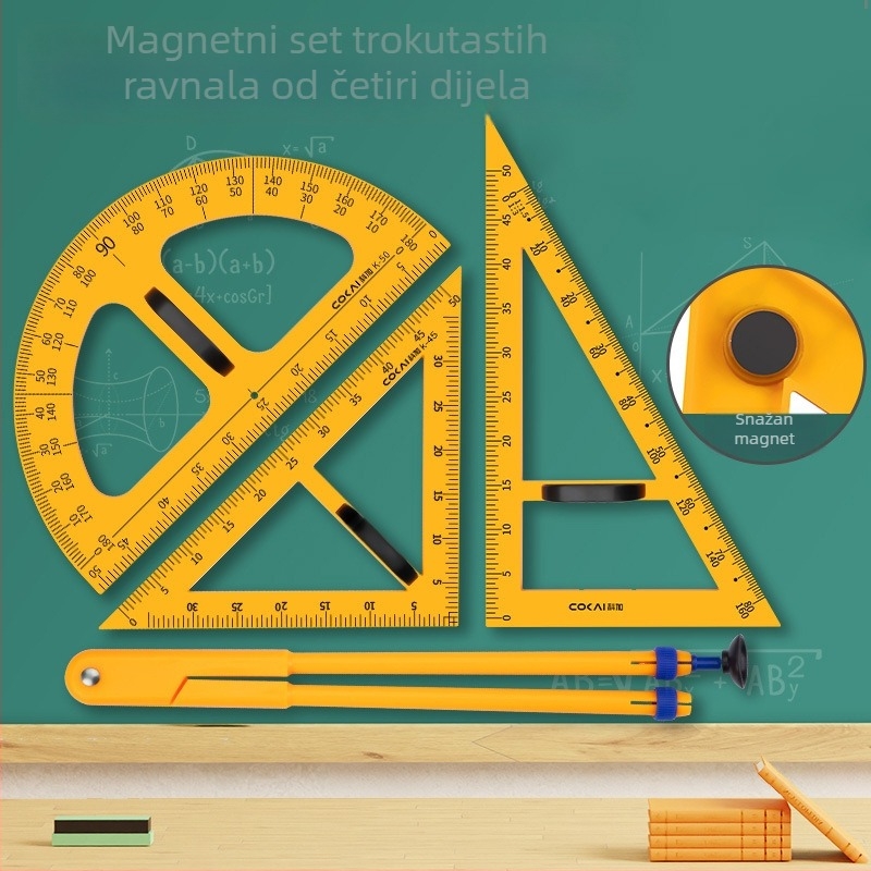 Veliki magnetski geometrijski set za nastavu s trokutom, kompasom i kutomjerom za crtanje kružnica na ploči