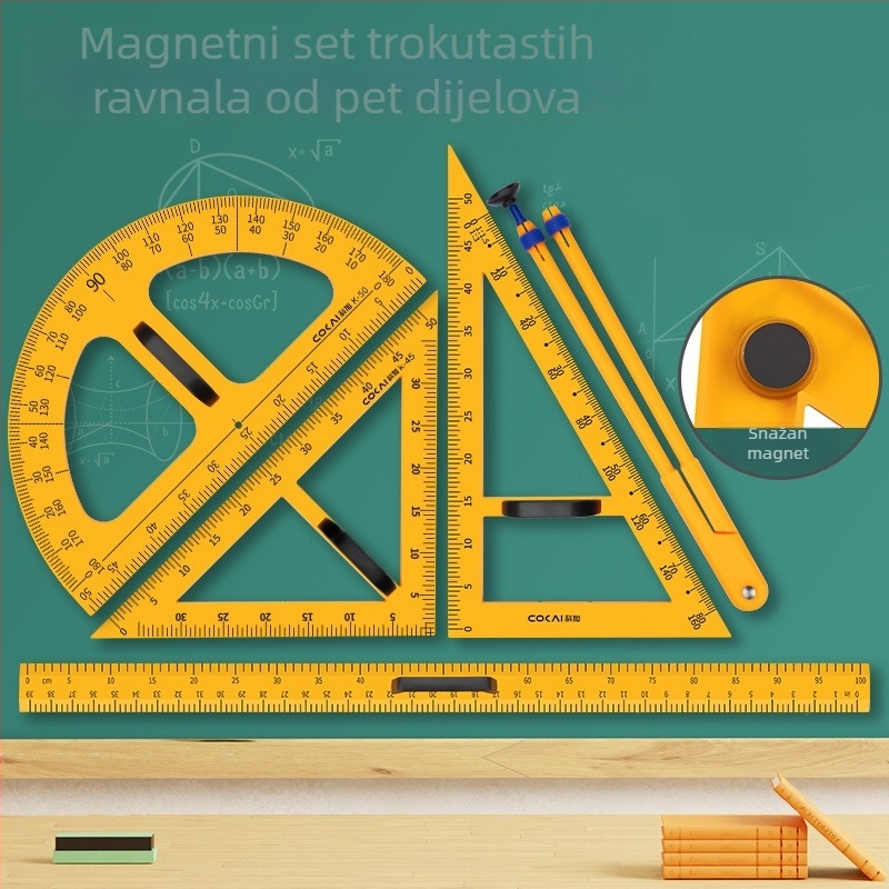 Veliki magnetski geometrijski set za nastavu s trokutom, kompasom i kutomjerom za crtanje kružnica na ploči