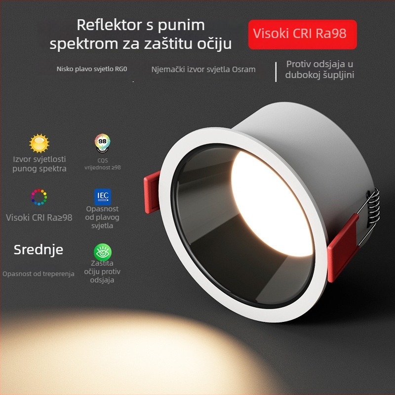 LED ugrađeni downlight s punim spektrom za zaštitu očiju, anti-sjaj, 3000K topla bijela, 11–15W, aluminijsko kućište, 220V, idealno za spavaću sobu i dnevni boravak