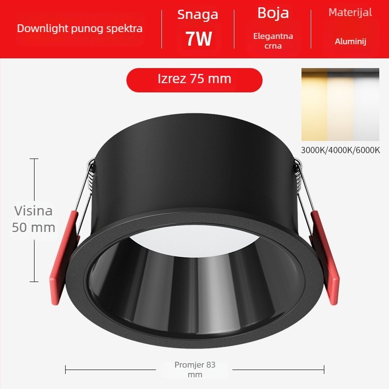 LED ugrađeni downlight s punim spektrom za zaštitu očiju, anti-sjaj, 3000K topla bijela, 11–15W, aluminijsko kućište, 220V, idealno za spavaću sobu i dnevni boravak