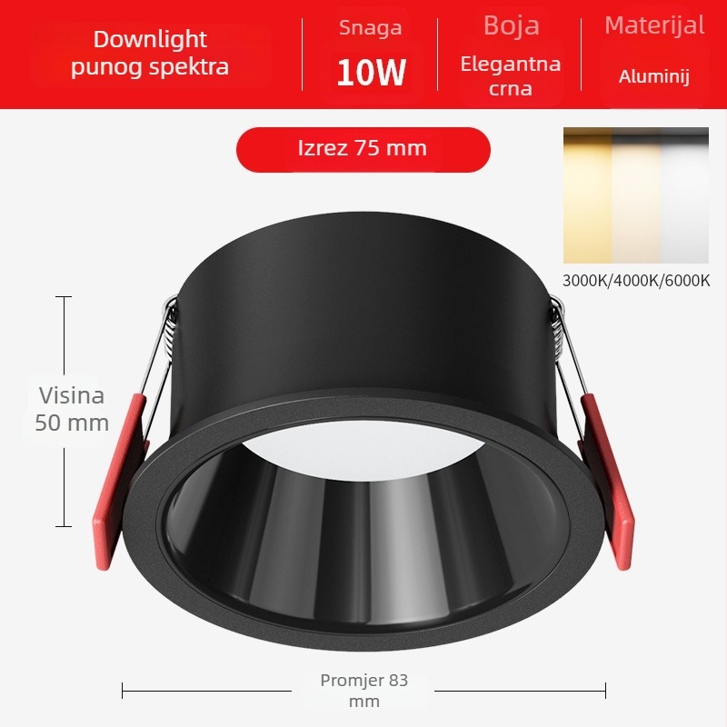 LED ugrađeni downlight s punim spektrom za zaštitu očiju, anti-sjaj, 3000K topla bijela, 11–15W, aluminijsko kućište, 220V, idealno za spavaću sobu i dnevni boravak