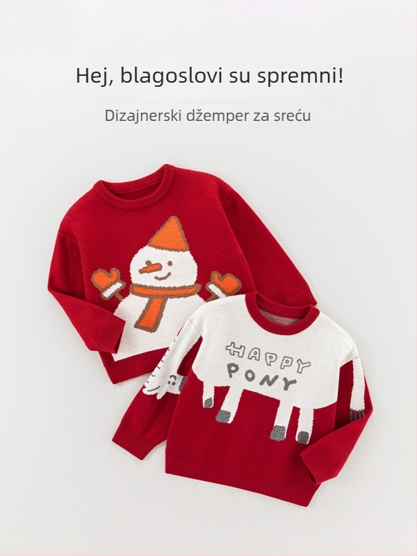 Dječji topli džemper s dugim rukavima, crvena, okrugli izrez, unisex, korejskog stila