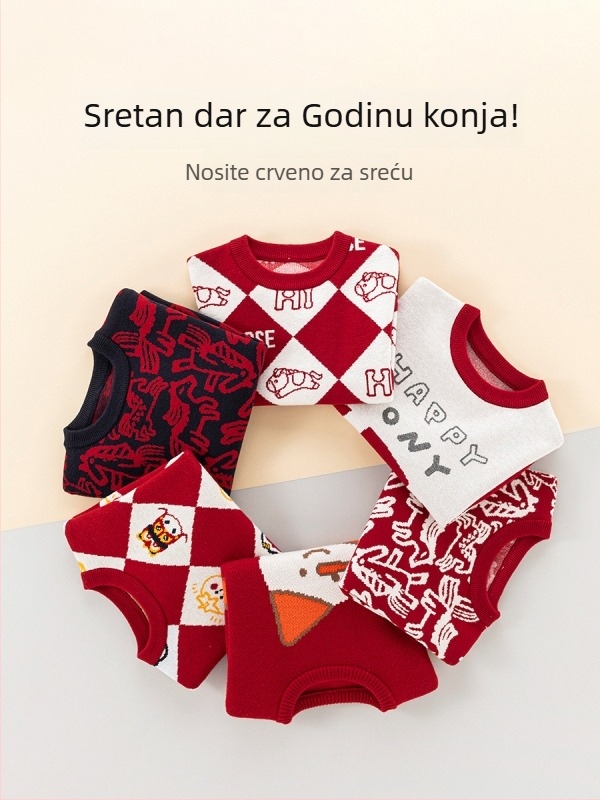 Dječji topli džemper s dugim rukavima, crvena, okrugli izrez, unisex, korejskog stila