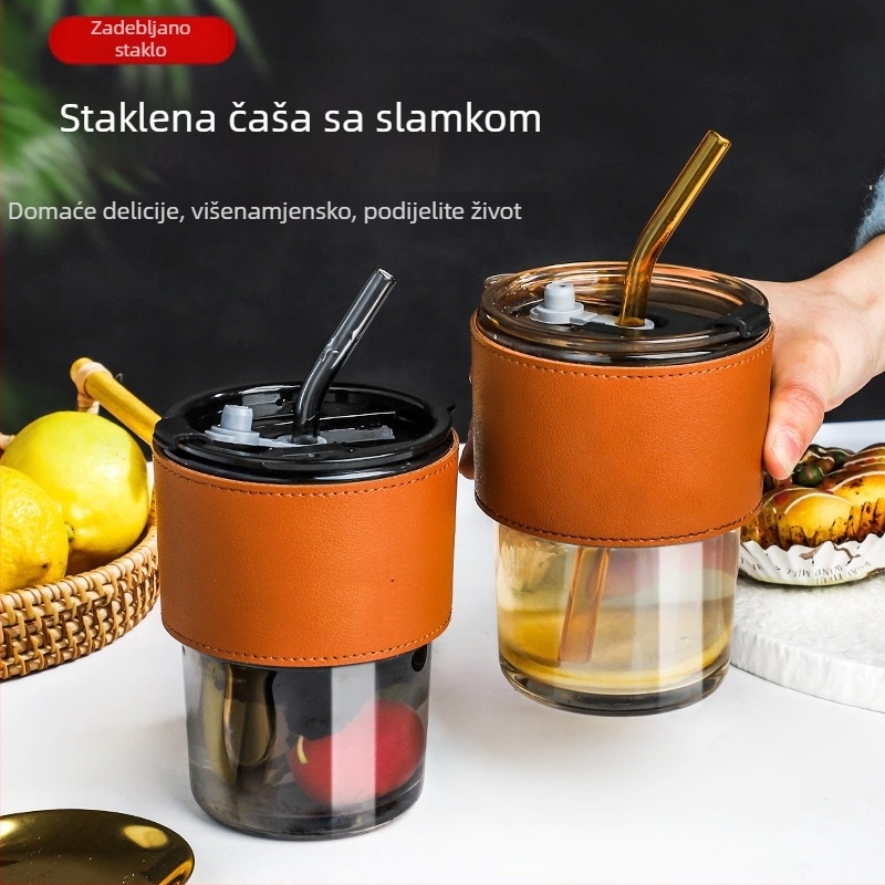 Prozirna staklena čaša sa slamkom i poklopcem, prenosna za mlijeko ili kavu, feng shui dizajn