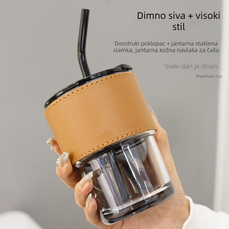 Prozirna staklena čaša sa slamkom i poklopcem, prenosna za mlijeko ili kavu, feng shui dizajn