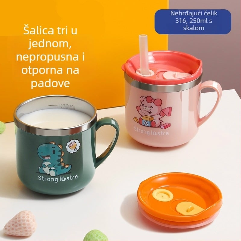 Dječja čaša za vodu od 316 nehrđajućeg čelika sa slamkom, otporna na padove, s mjernom skalom