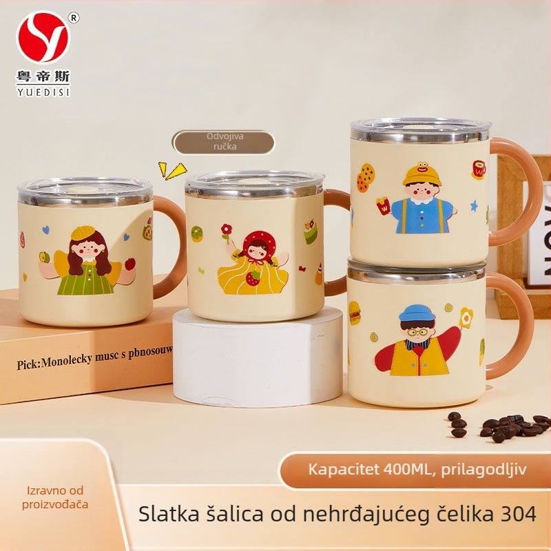 304 nehrđajući čelik, dvostruko zidana šalica s poklopcem, slatka šalica za mlijeko, prijenosna