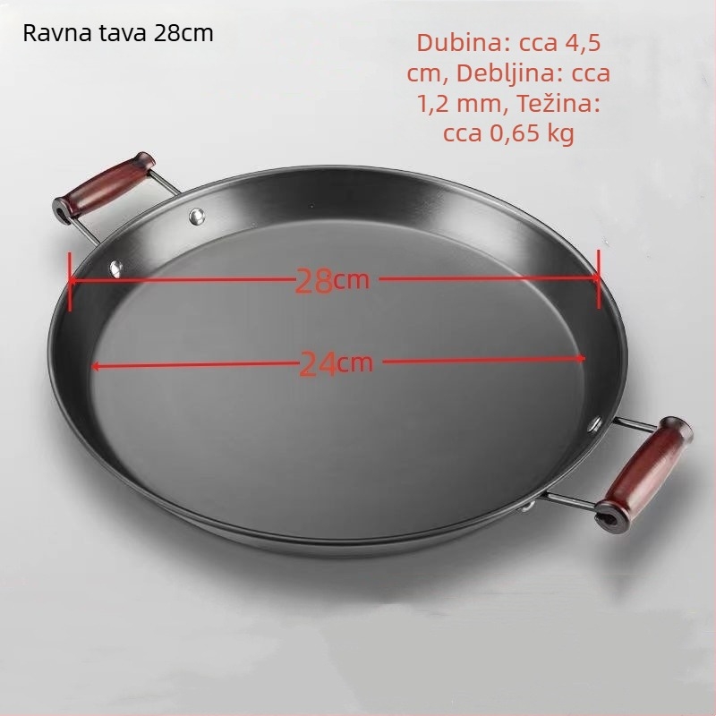 Tigan od kovanog željeza bez premaza, s dvjema ručkama, ravno dno, pogodan za plinske i indukcijske štednjake.